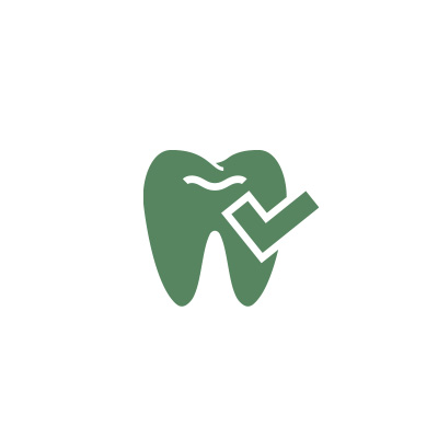 The image shows a stylized icon of a tooth with a green leaf symbolizing eco-friendliness or dental hygiene, accompanied by a white checkmark.