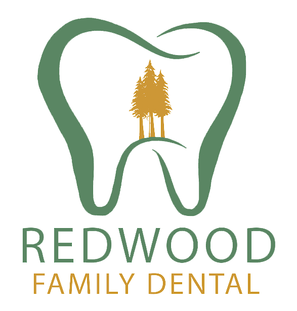 The image is a logo for Redwood Family Dental, featuring the stylized text  Redwood Family Dental  and an illustration of a tooth with a tree in its center.