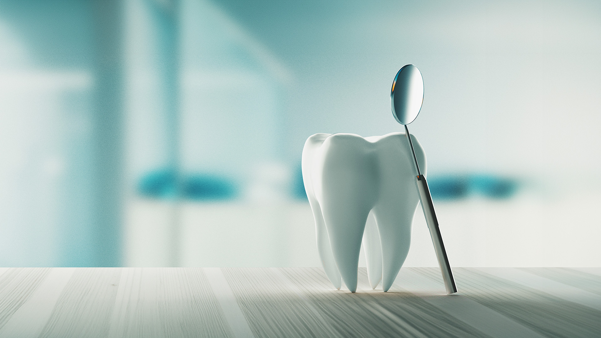 A digital illustration of a toothbrush with bristles and a toothpaste tube on a table, set against a blurred background that includes a dental office setting.