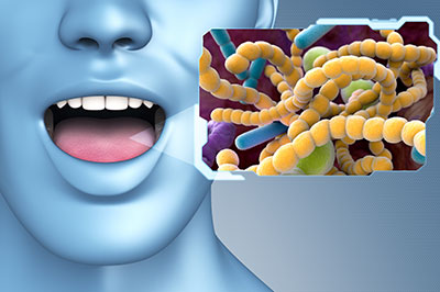 The image is a digital composite that features a human face with an open mouth, and there is a close-up photograph of bacteria or microorganisms in the foreground.