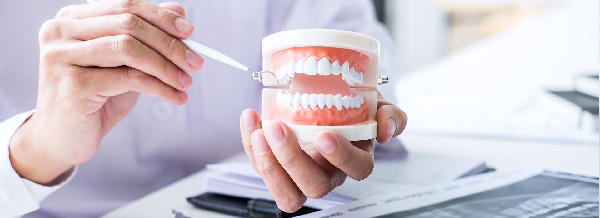 A hand holding a tooth model with a magnifying glass, while another hand holds a cup of what appears to be toothpaste or dental tools.